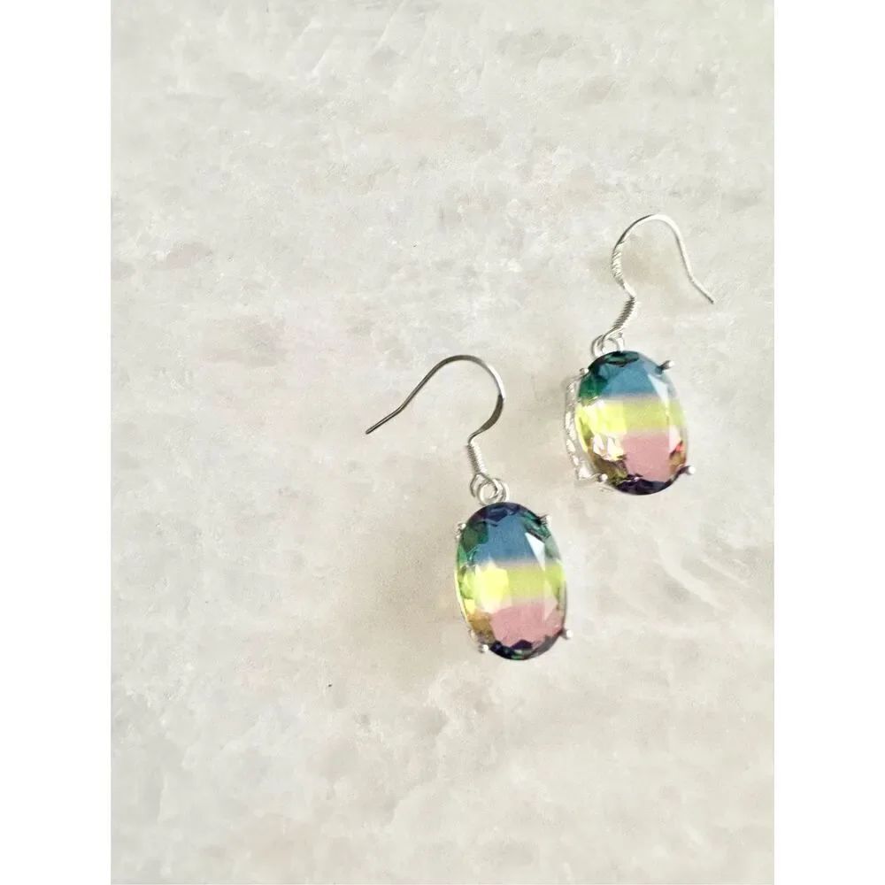 Blue, yellow, and pink ombre oval cut dangle earrings